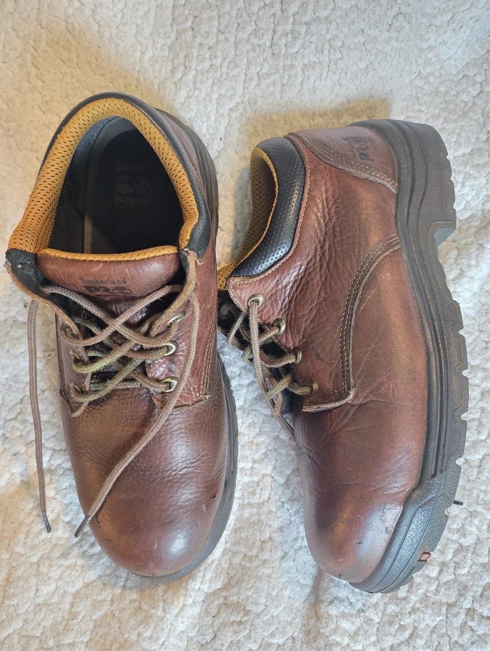 Timberland Brown Leather Men's Work Boots with Black Collar and Yellow Lining